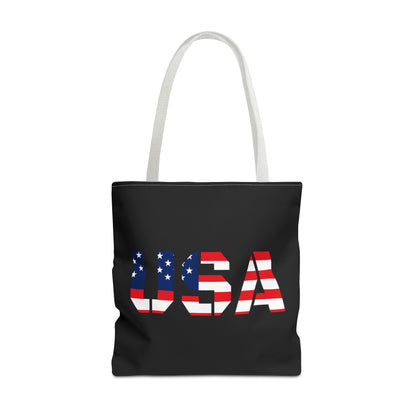 Patriotic USA flag tote bag by Printify, reusable summer carryall featuring stars and stripes for 4th of July celebrations.