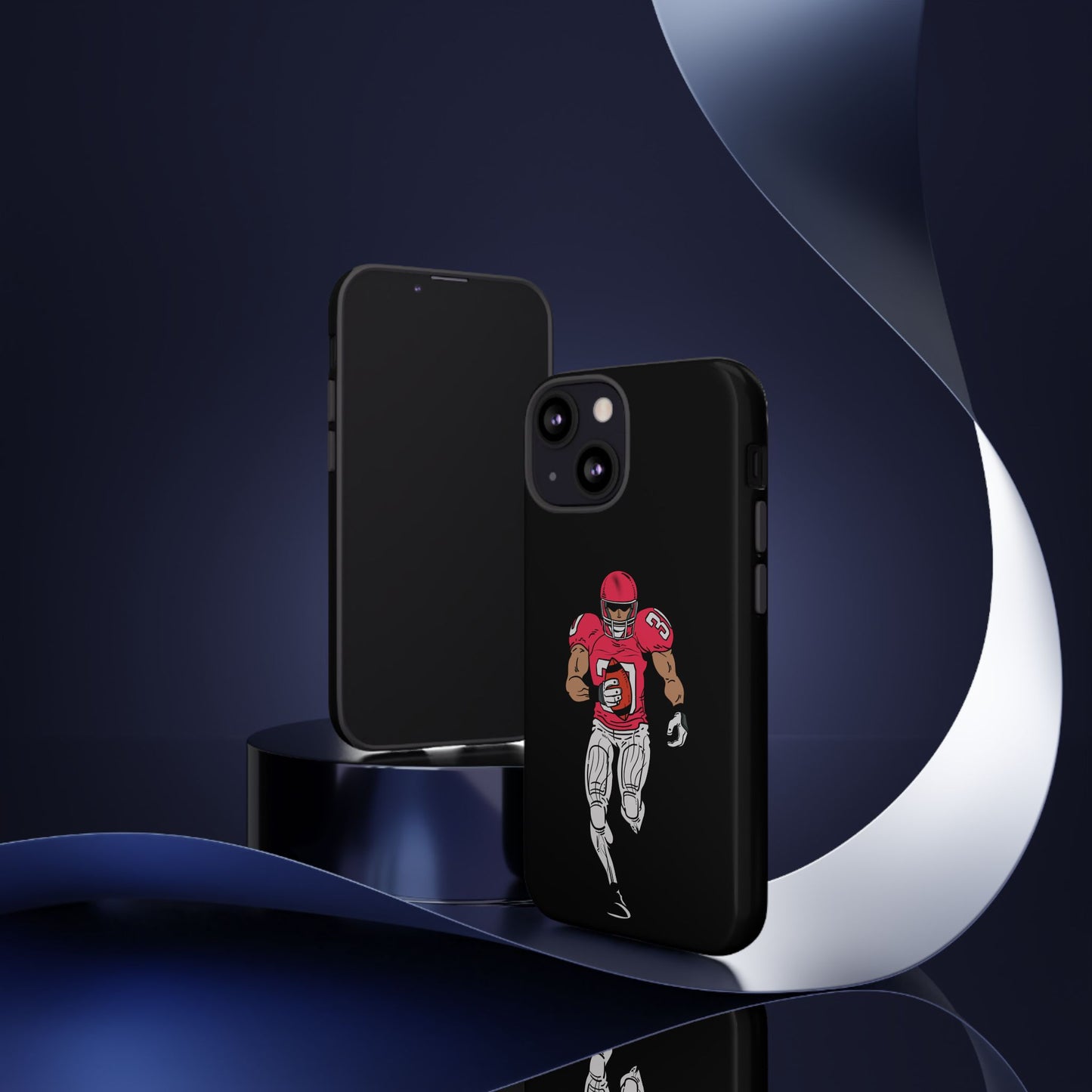 Black football player tough phone case for iPhone, sport-themed protective case by Printify featuring athletic design.