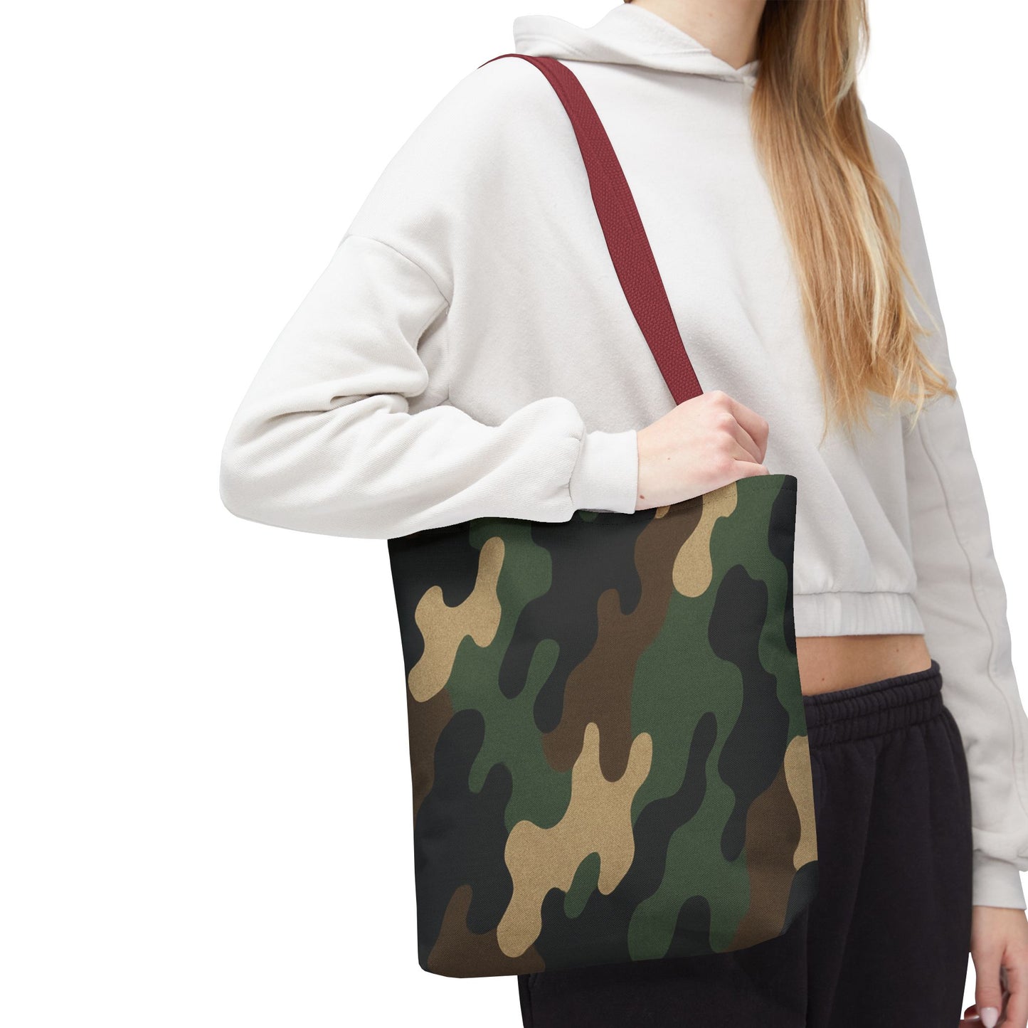 Camo pattern tote bag made of canvas with all-over print, designed by Printify for stylish carryall use.