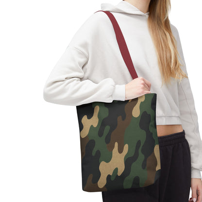 Camo pattern tote bag made of canvas with all-over print, designed by Printify for stylish carryall use.