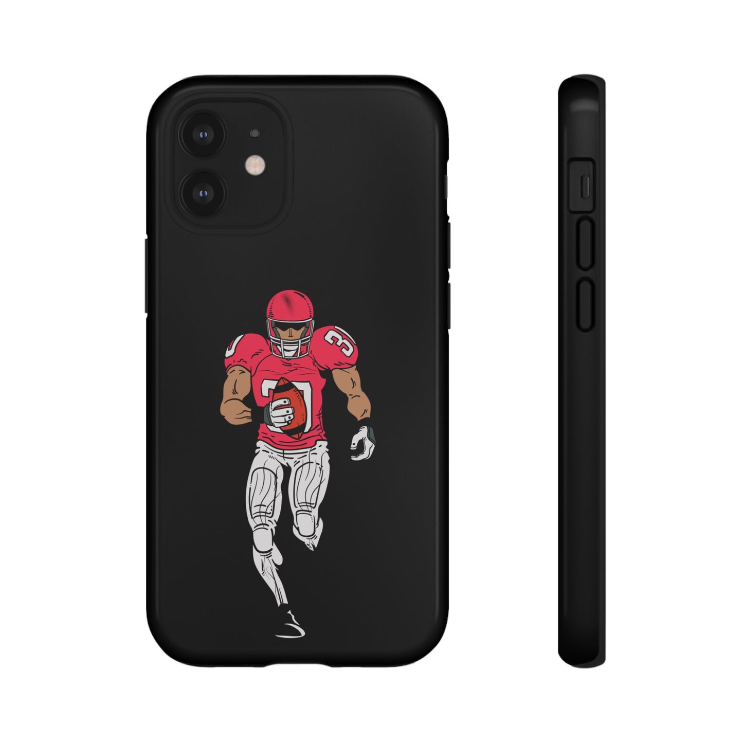 Black football player tough phone case for iPhone, protective sports design by Printify, featuring athletic player imagery.