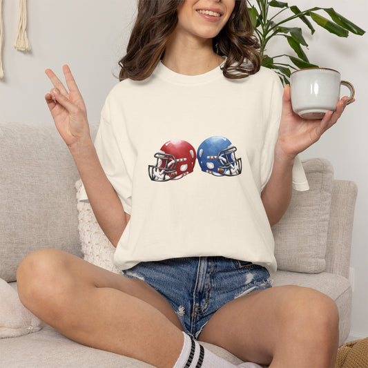 Football Rivalry T-Shirt by Printify featuring team logos, perfect for game day and tailgating celebrations.