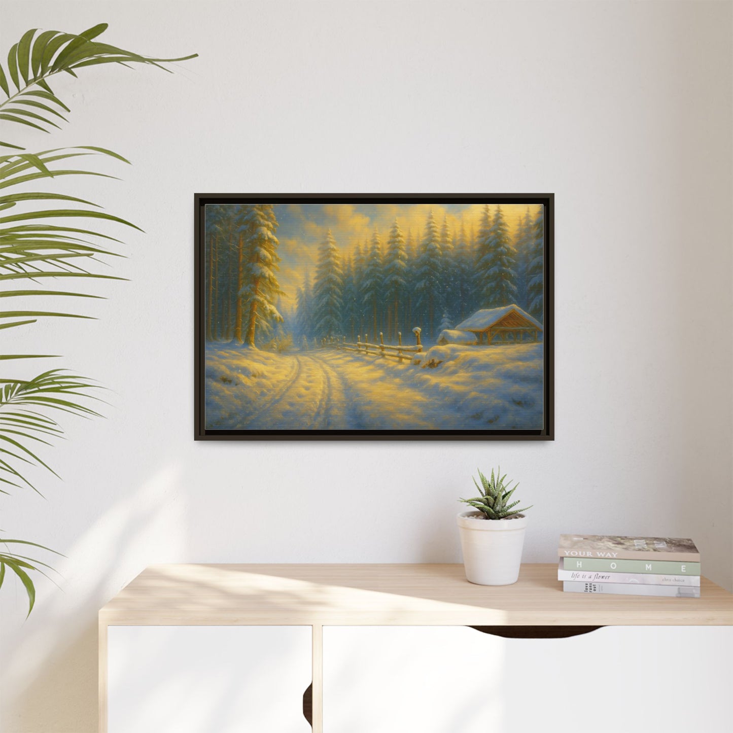 Framed winter cabin canvas print featuring a snowy forest sunset, wall art by Printify with a cozy winter scene.