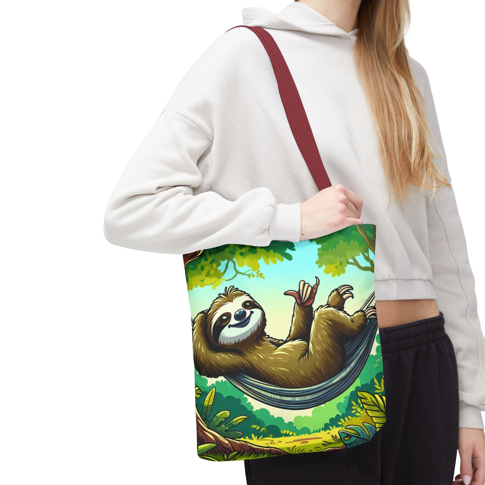 Cute eco-friendly sloth tote bag by Printify featuring a playful sloth illustration, perfect for animal lovers and casual outings.
