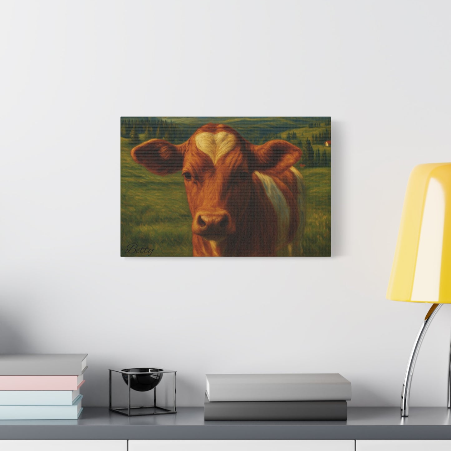 Canvas print of a cow portrait with a heart-shaped forehead, farm animal wall art by Printify.