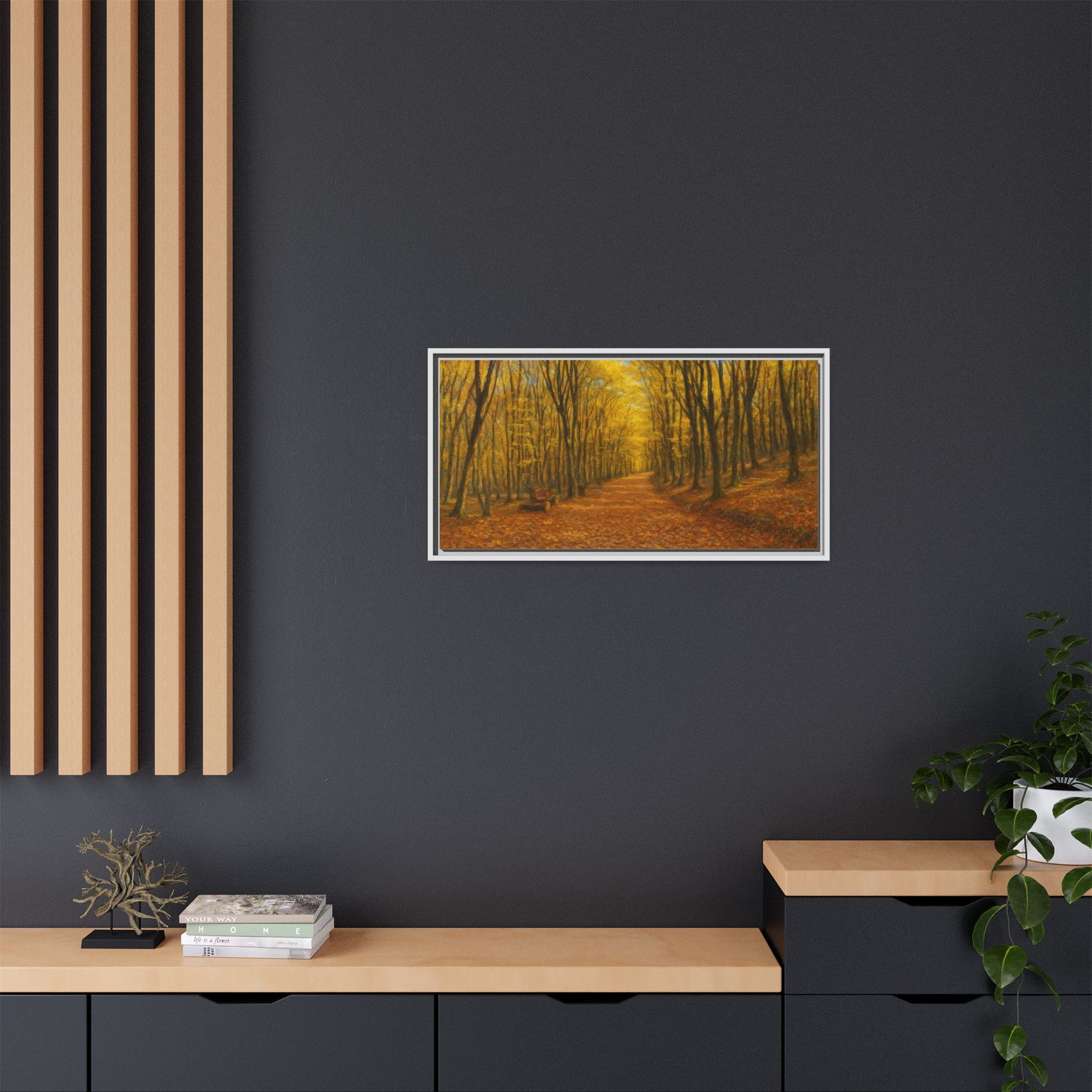 Autumn forest path matte canvas wall art by Printify featuring a scenic woodland trail in warm fall colors.