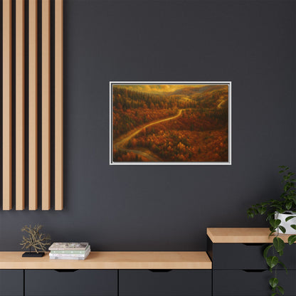 Framed matte canvas print of autumn forest road landscape wall art by Printify, showcasing vibrant fall trees and forest scene.