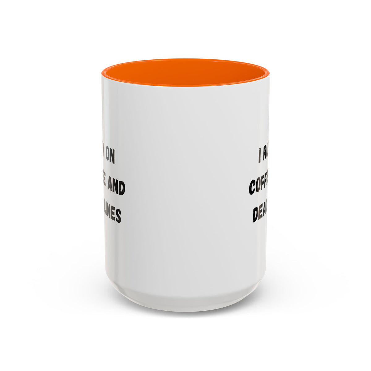 White ceramic mug with black text that reads "I Run on Coffee and Deadlines," featuring a stylish design on a plain background.