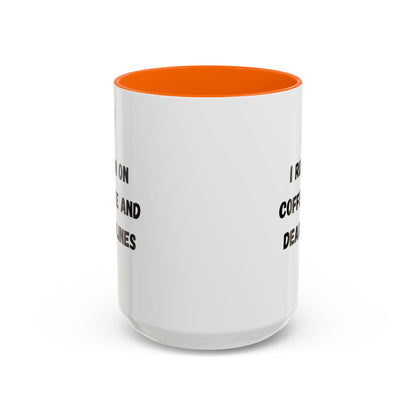 White ceramic mug with black text that reads "I Run on Coffee and Deadlines," featuring a stylish design on a plain background.