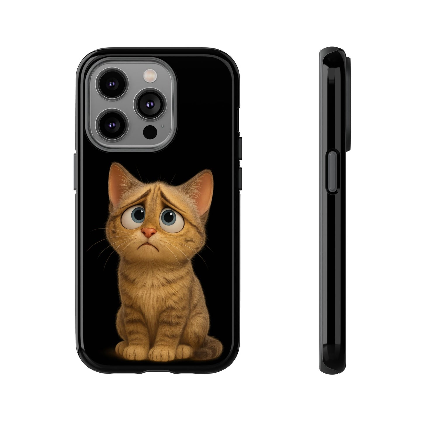 Cute sad kitty design phone case for iPhone by Printify, featuring a protective cover with a sad cat illustration.