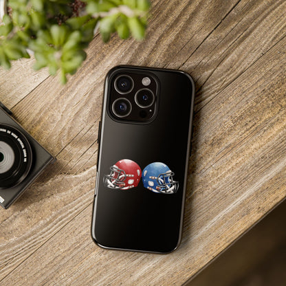 Red and blue football helmet tough phone case for iPhone, protective Printify cover with sporty design.