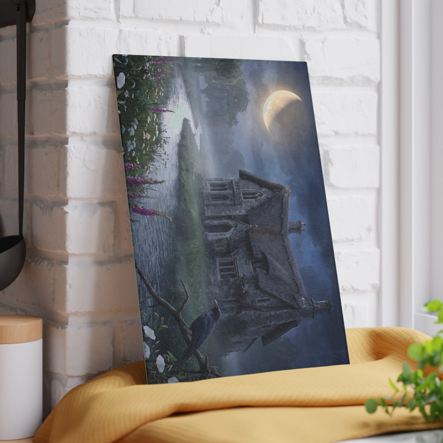 Moonlit Cottage river scene Glass Cutting Board | mystical night landscape