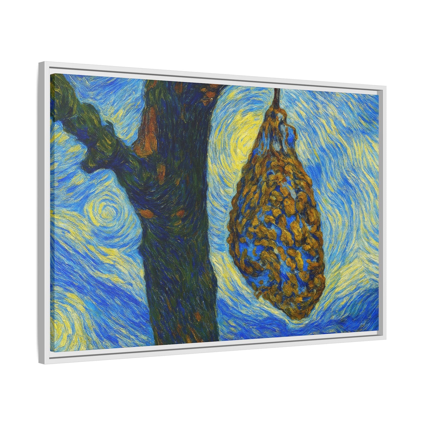 Framed matte canvas art of a starry nut cluster with dried plum colors, printed by Printify, displayed on a white wall.