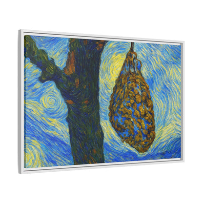 Framed matte canvas art of a starry nut cluster with dried plum colors, printed by Printify, displayed on a white wall.
