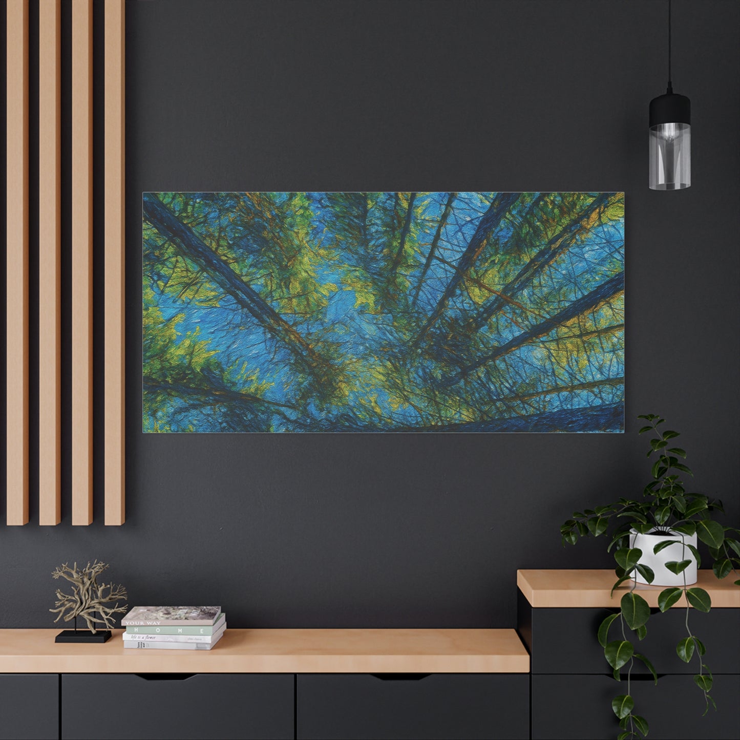 Forest Canopy Matte Canvas Wall Art — Upward View of Trees, Blue & Green Nature Print