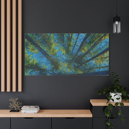 Forest Canopy Matte Canvas Wall Art — Upward View of Trees, Blue & Green Nature Print