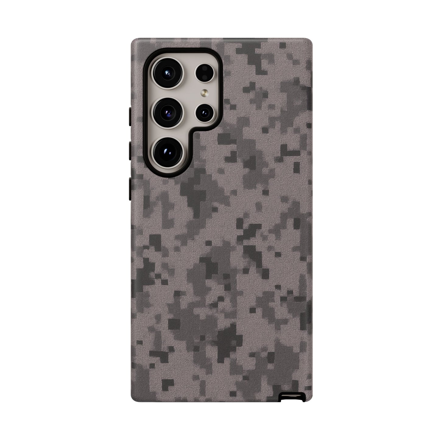 Gray digital camouflage phone case by Printify, tough and protective cover designed for smartphones.