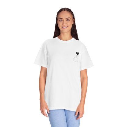 Black T-shirt with minimal white finger heart graphic, casual Printify brand tee for everyday wear.