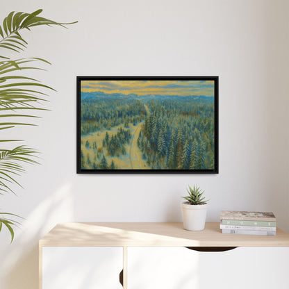 Framed matte canvas print of a serene winter forest landscape by Printify, showcasing snow-covered trees and peaceful scenery.