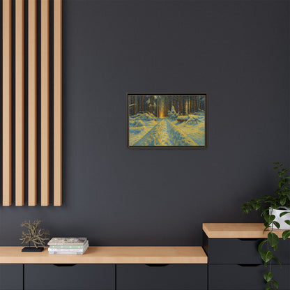 Framed matte canvas print of a snowy forest path at sunset, wall art by Printify featuring natural winter landscape.