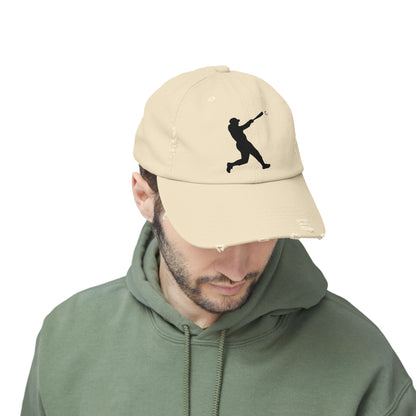 Distressed baseball cap featuring silhouette batter design, casual hat by Printify with worn, vintage style.