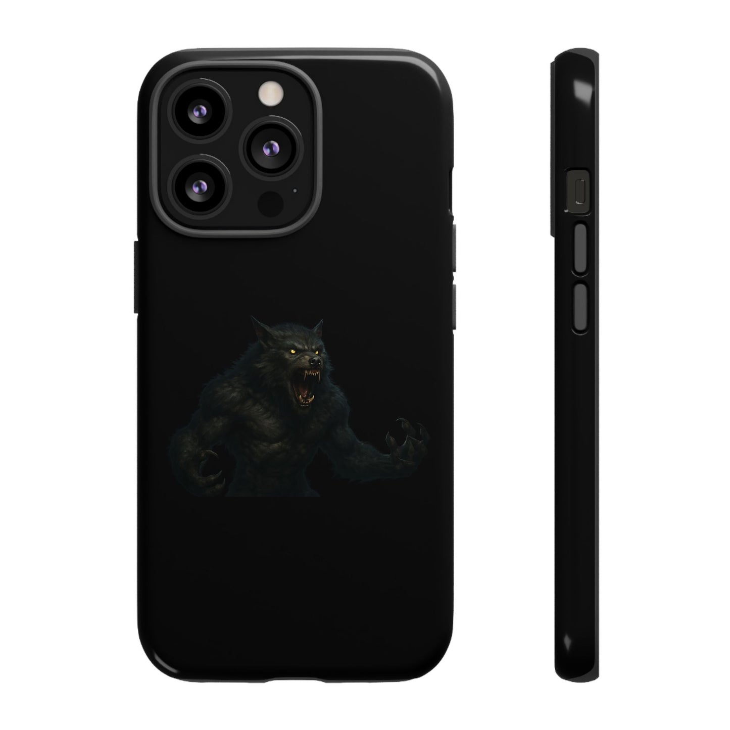 Werewolf phone case with dark monster graphic, durable protective cover for smartphones, featuring a fierce, detailed design.