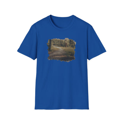 Vintage forest landscape T-shirt by Printify featuring a nature pathway design on soft fabric.