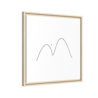 Framed minimalist mountain line art canvas by Printify featuring simple black mountain outlines on matte canvas.