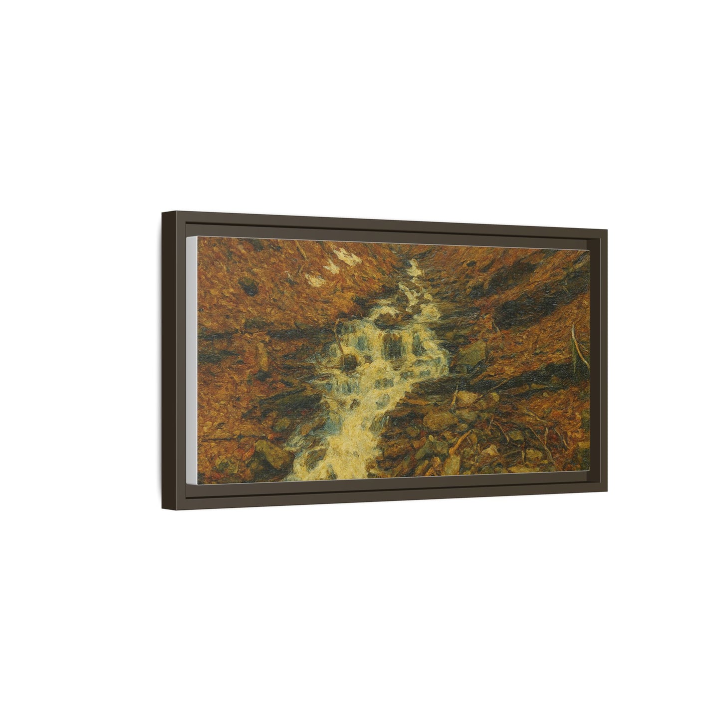 Framed matte canvas print of autumn stream landscape artwork by Printify, showcasing vibrant fall foliage and serene water scene.