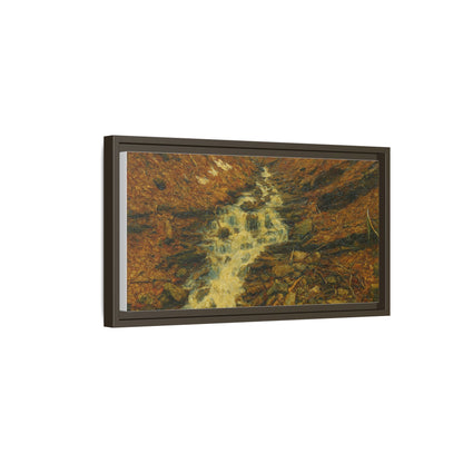 Framed matte canvas print of autumn stream landscape artwork by Printify, showcasing vibrant fall foliage and serene water scene.