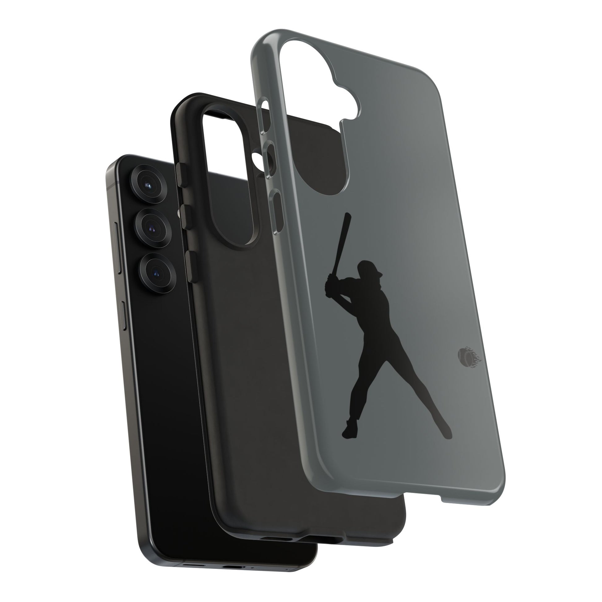 Black phone case with a white baseball silhouette design, protective sporty iPhone cover for enhanced durability.