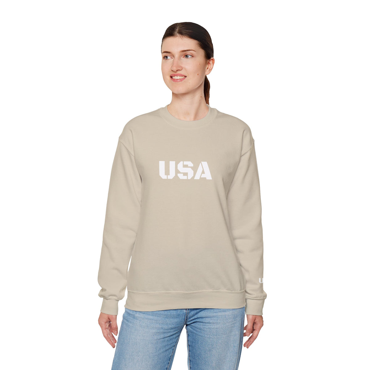 Printify USA crewneck sweatshirt featuring patriotic design, cozy fit, perfect for casual wear and patriotic celebrations.