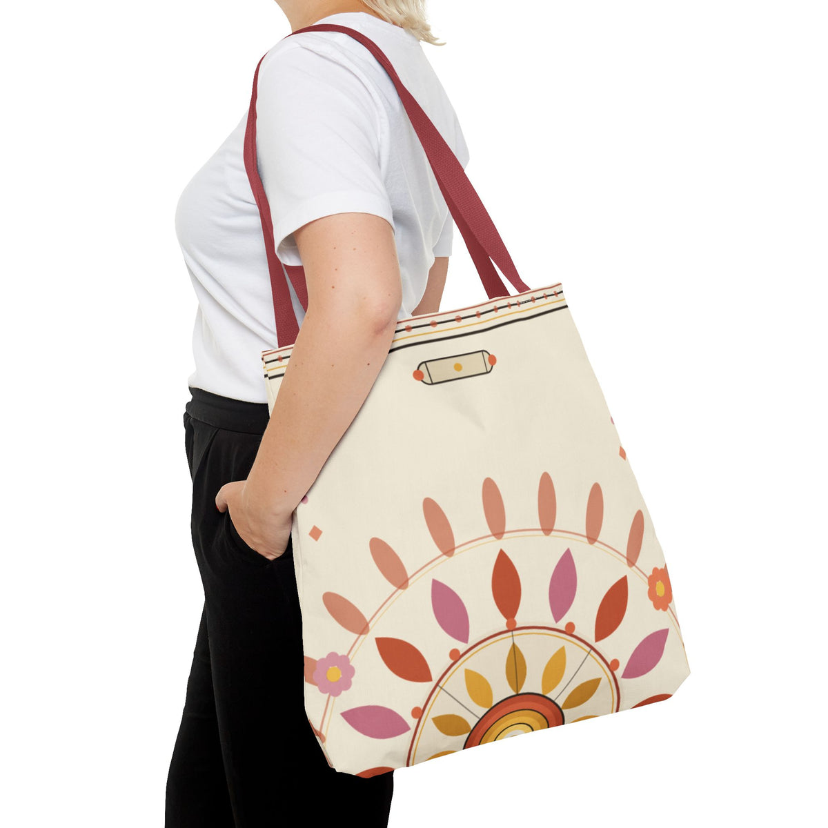 Boho floral mandala tote bag with pastel sunburst pattern, stylish canvas bag by Printify featuring vibrant floral and geometric designs.