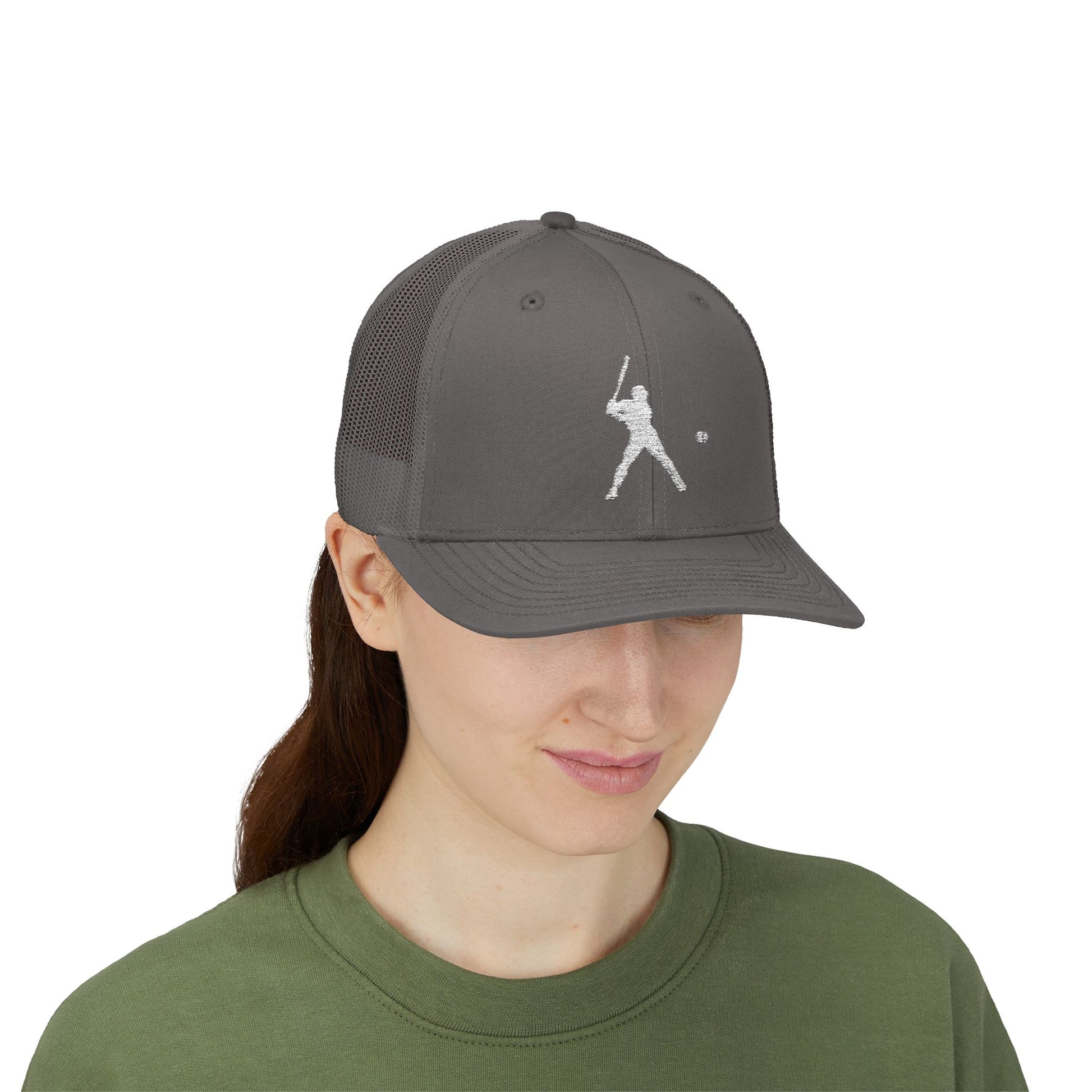 Vintage batter silhouette baseball snapback trucker cap by Printify, featuring classic trucker hat design and retro sports style.