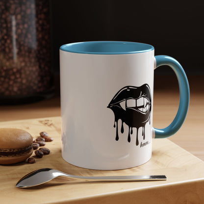 Black accent Dripping Bite coffee mug by Printify, 11oz or 15oz, featuring a unique dripping bite design on ceramic surface.