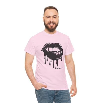 Graphic T-Shirt by Printify featuring dripping lips with "hmm..." bite design on white fabric.