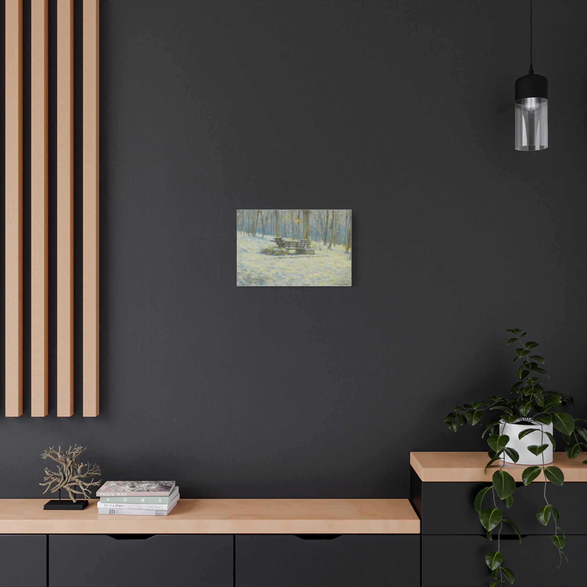 Snowy park bench matte canvas print featuring winter woodland scene, stretched 1.25-inch wall art by Printify.