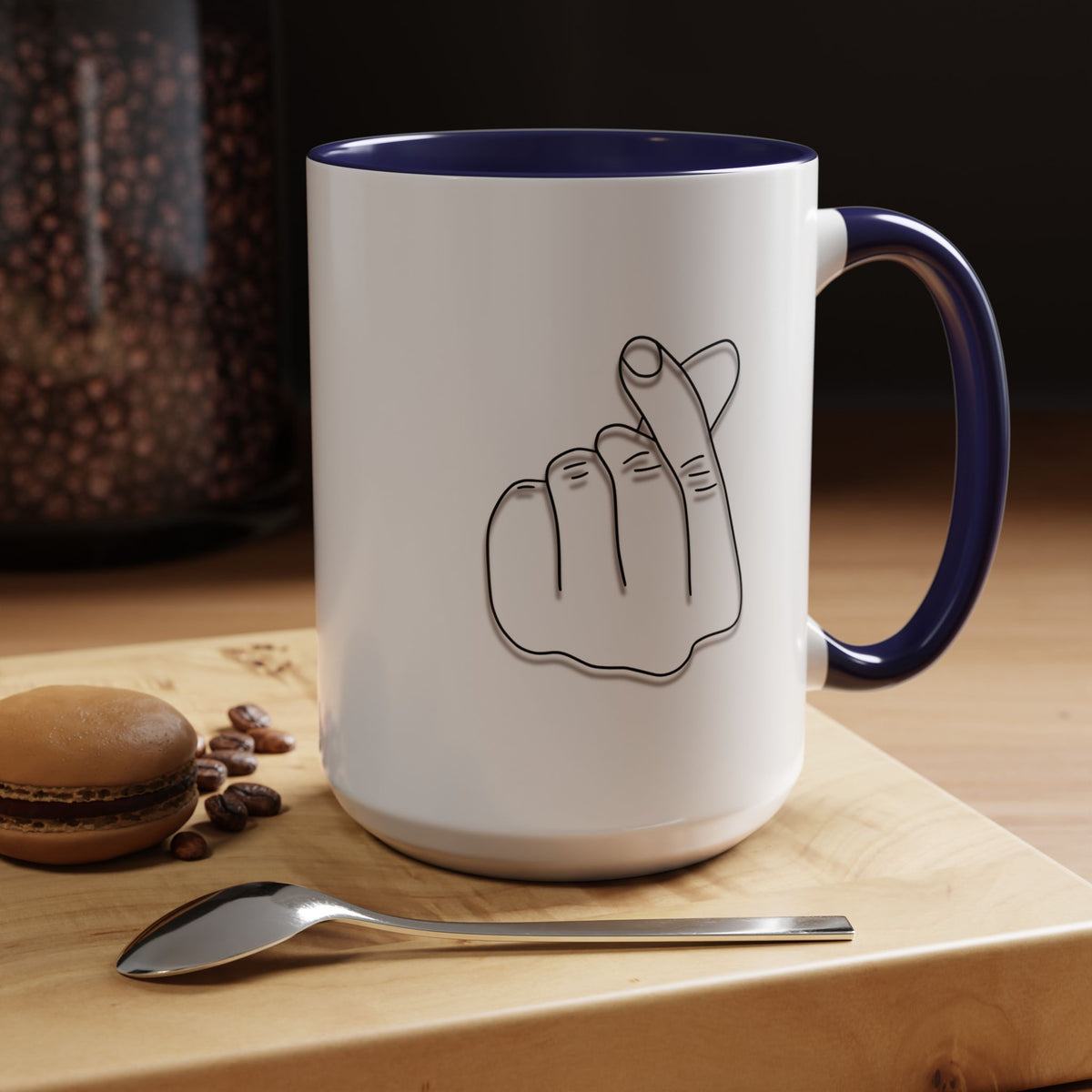 White ceramic coffee mug with minimal Korean finger heart accent design, 11oz or 15oz size, by Printify.