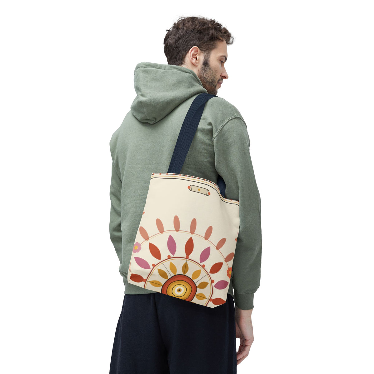 Boho floral mandala tote bag with pastel sunburst pattern, lightweight canvas bag from Printify.