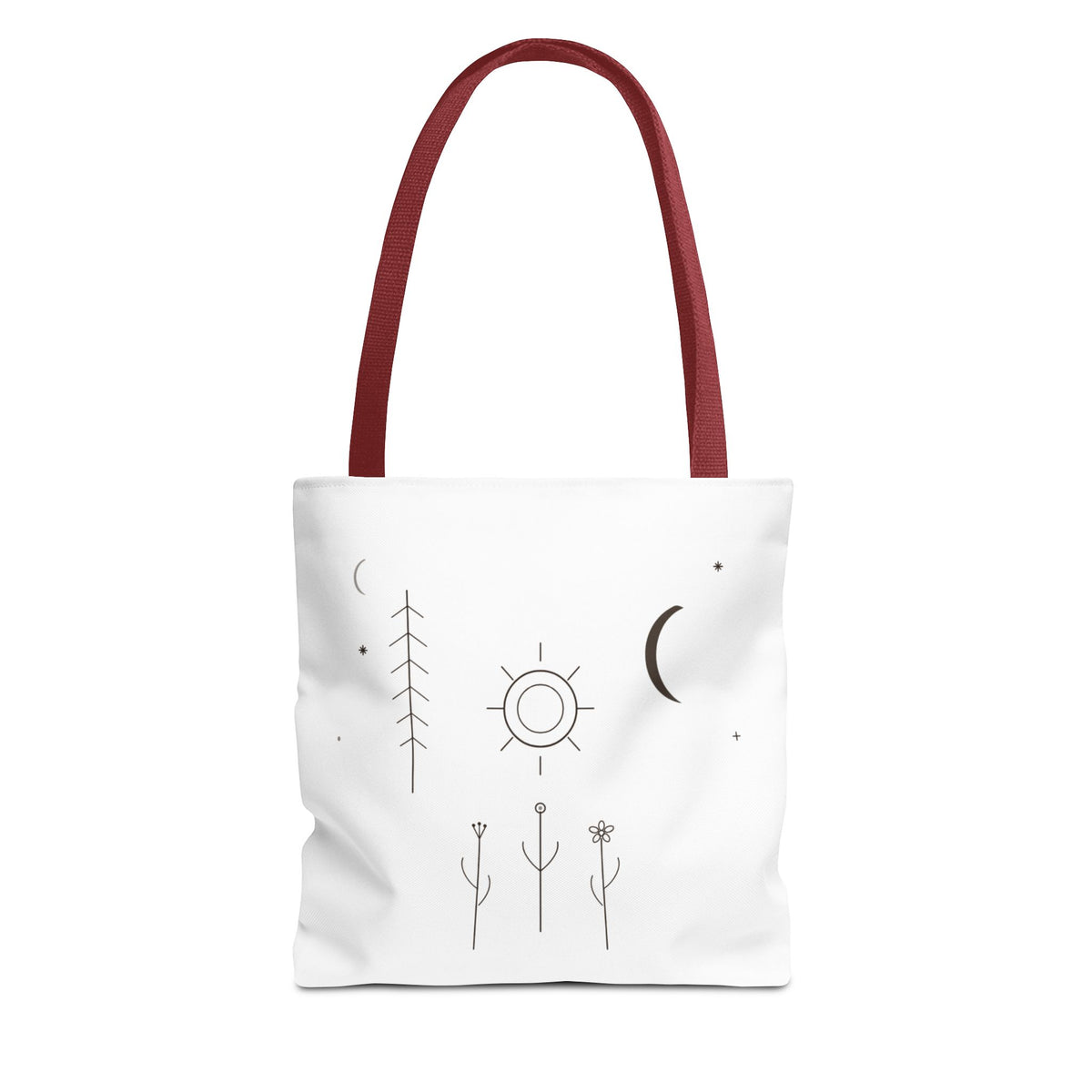 Minimal Moon and Sun botanical tote bag with celestial line art design, featuring eco-friendly print and sturdy fabric.