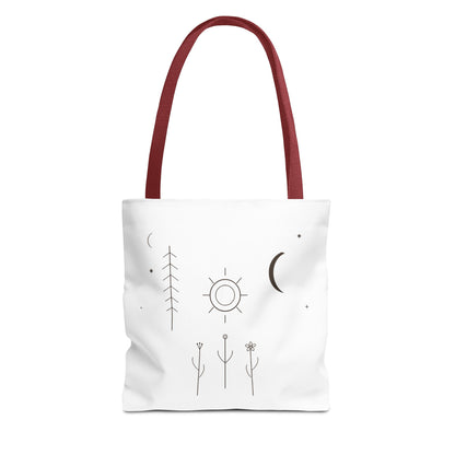 Minimal Moon and Sun botanical tote bag with celestial line art design, featuring eco-friendly print and sturdy fabric.