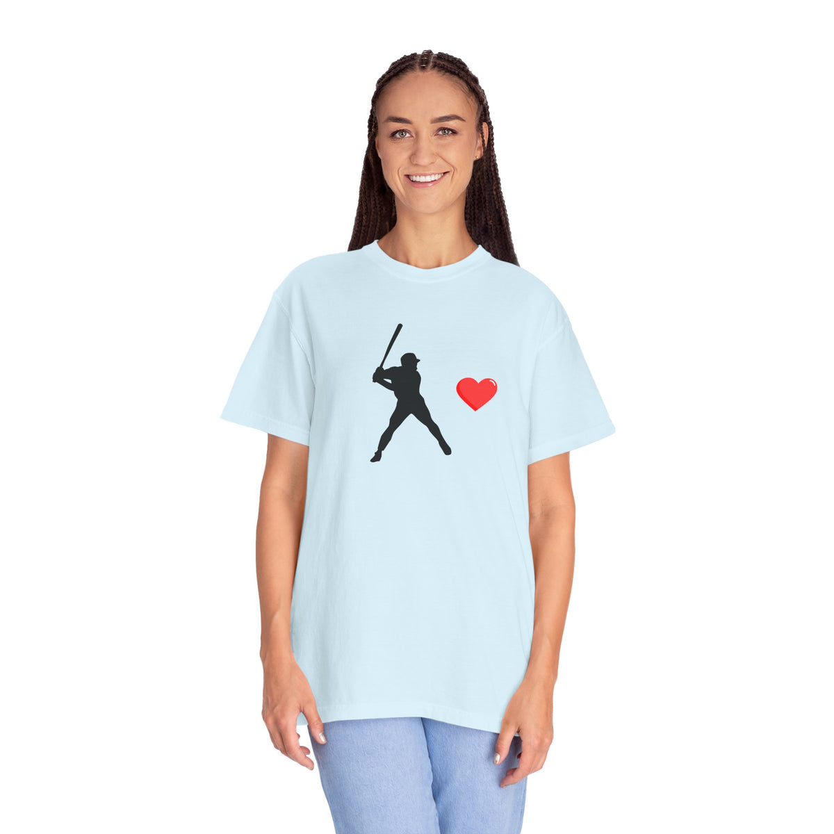 White baseball batter heart T-shirt from Printify featuring a graphic print of a batter with a heart in a casual style.