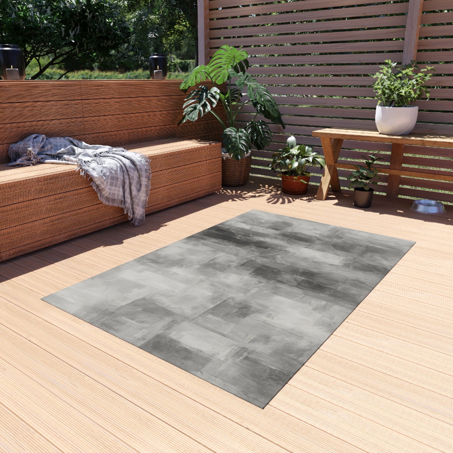 Grey outdoor waterproof rug for patio and deck, modern design, printed by Printify, suitable for outdoor use.