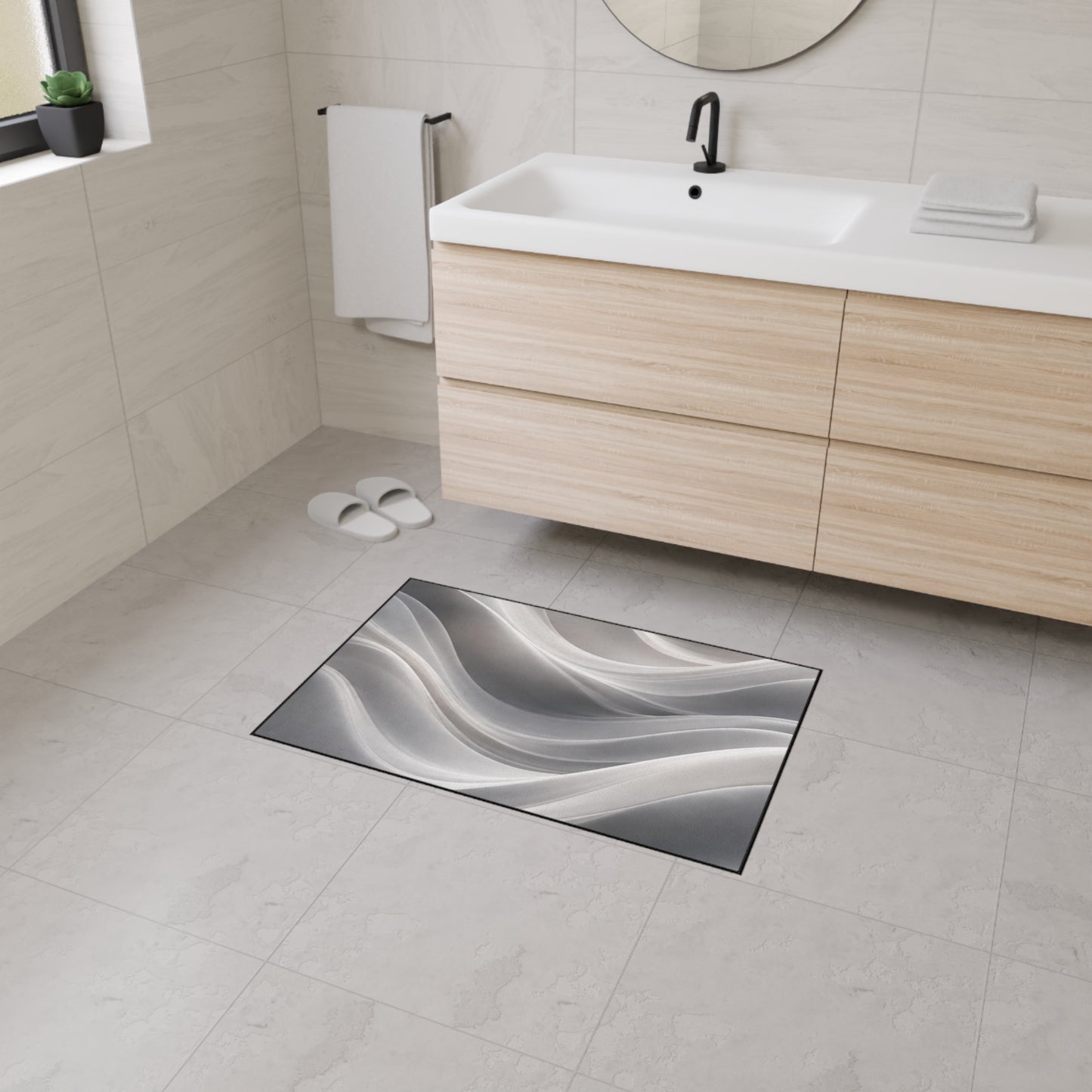 Abstract Gray Wave Floor Mat | Modern Entryway Rug, Non-Slip
