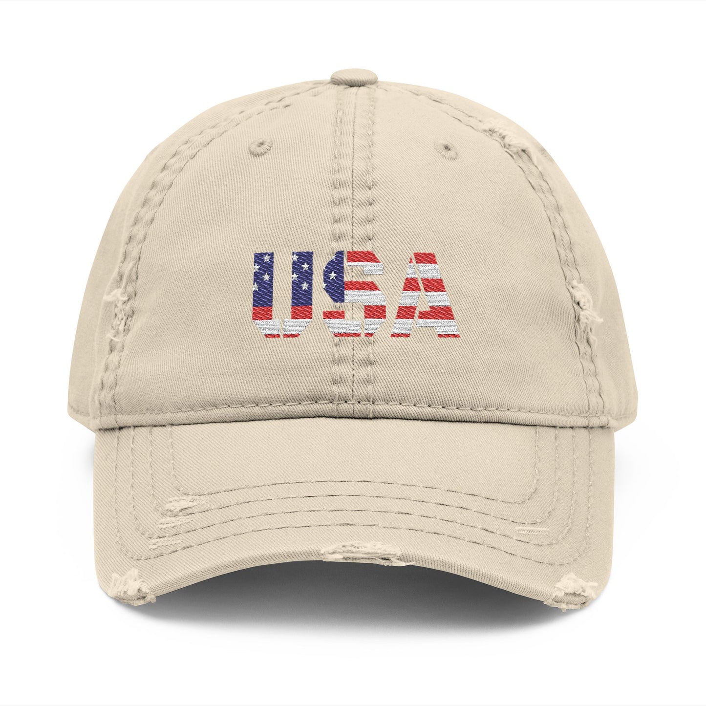 Distressed USA flag embroidered dad hat with adjustable strap and vintage look, featuring patriotic red, white, and blue colors.