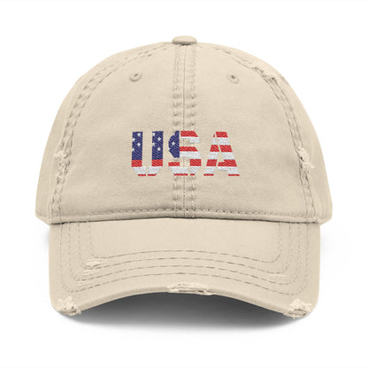 Distressed USA flag embroidered dad hat with adjustable strap and vintage look, featuring patriotic red, white, and blue colors.