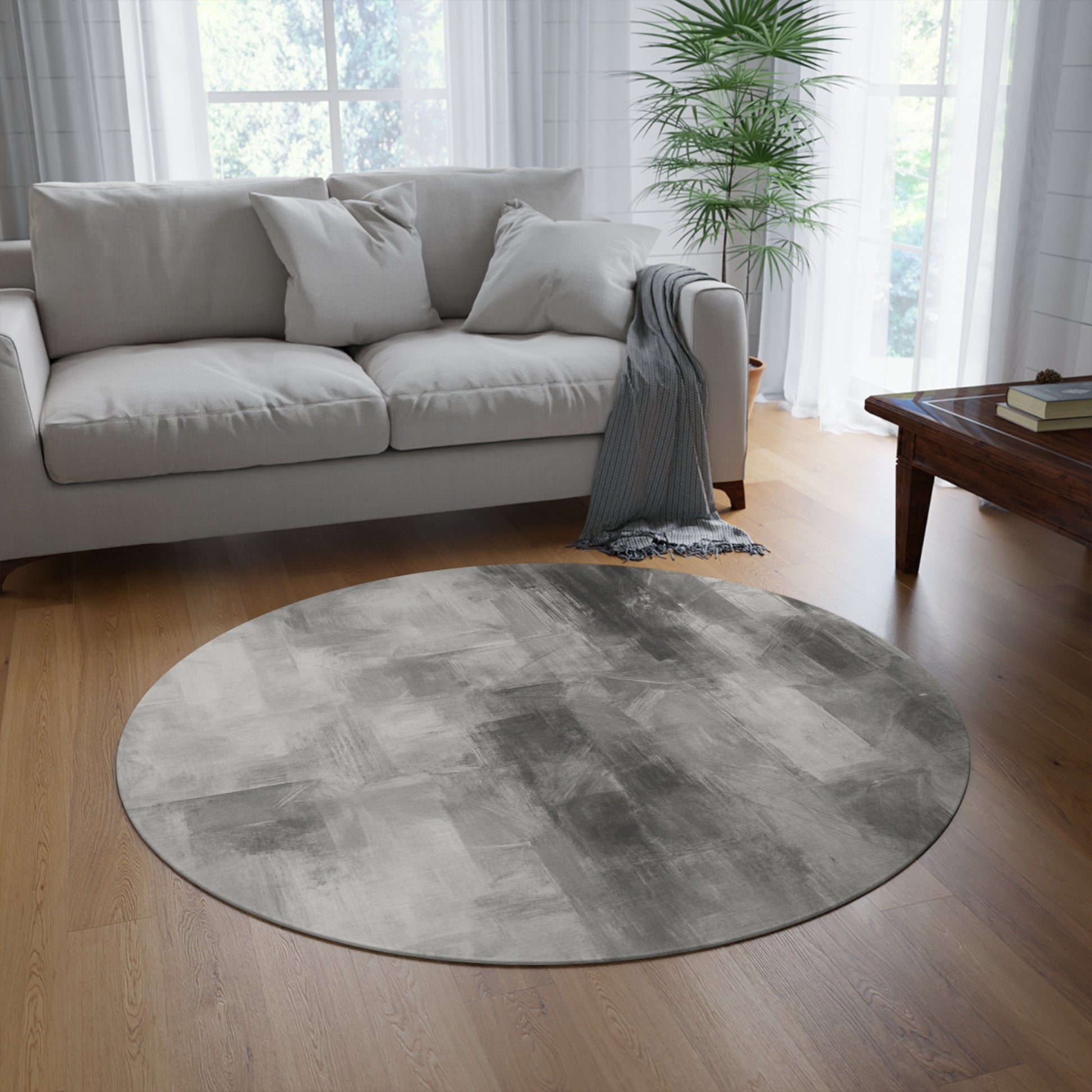 Modern round Printify rug with minimalist design, suitable as a living room accent in neutral tones.