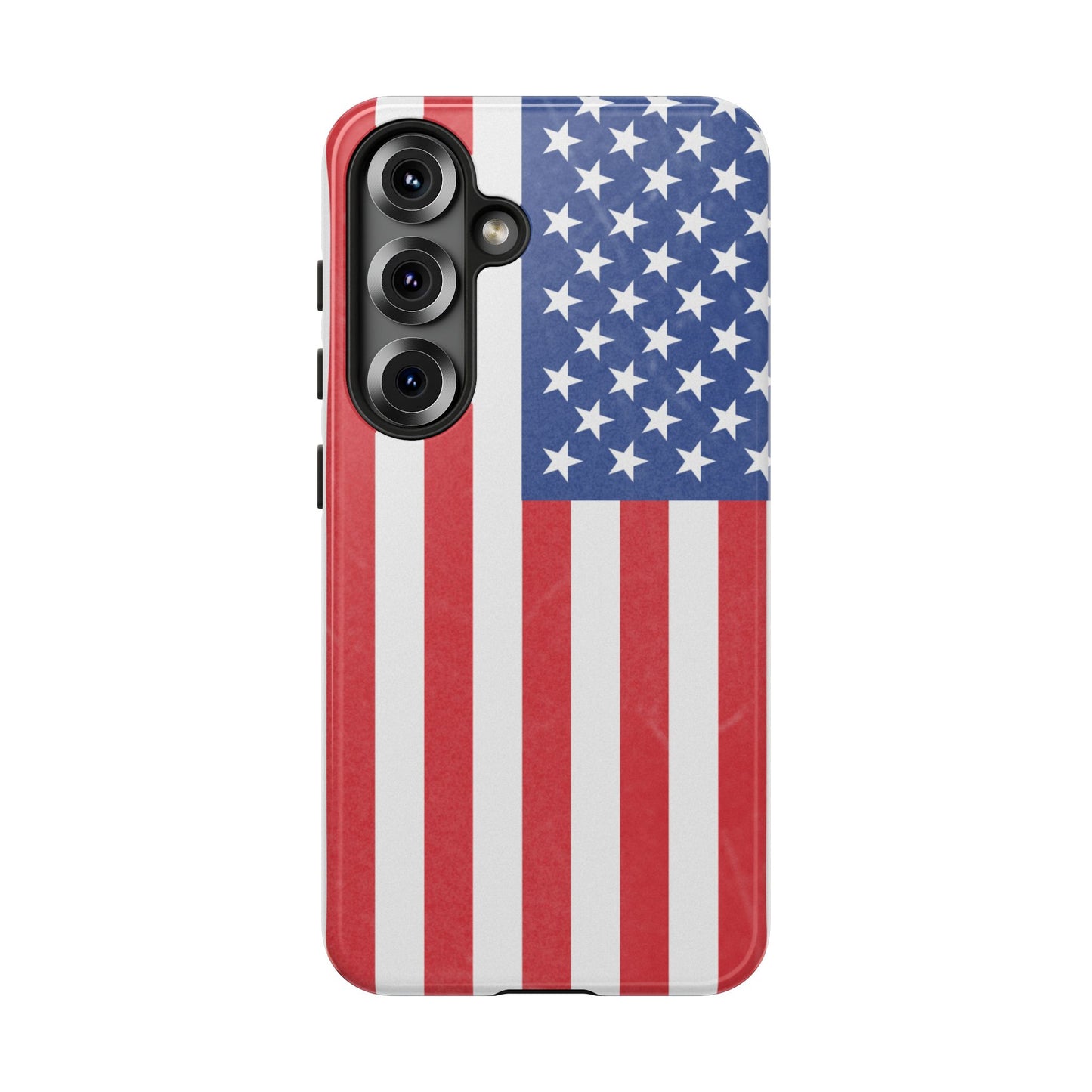 Durable American flag phone case for iPhone, featuring a patriotic design and rugged protective material by Printify.