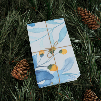 Blue Floral Wrapping Paper Roll — Watercolor Bouquet Gift Wrap