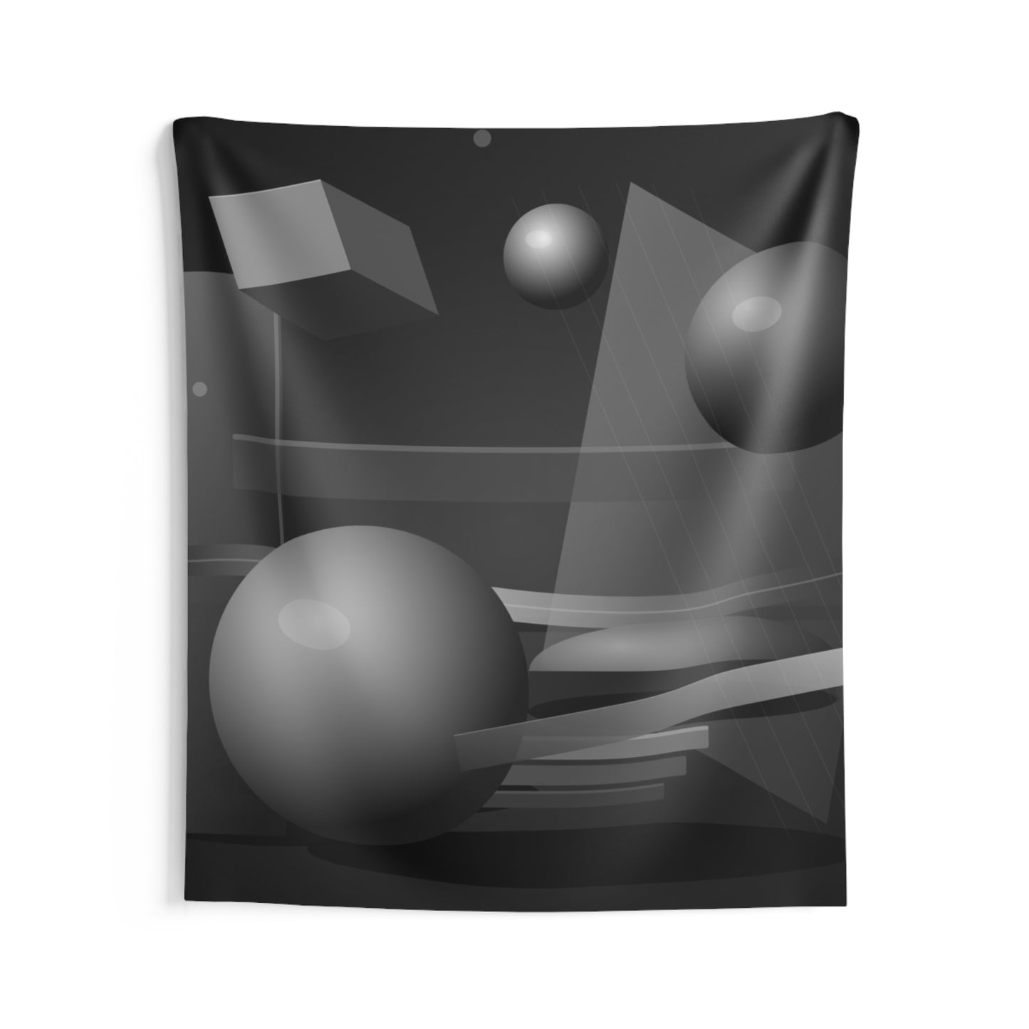 Abstract 3D Geometry Tapestry — Monochrome Floating Spheres & Cubes Wall Art